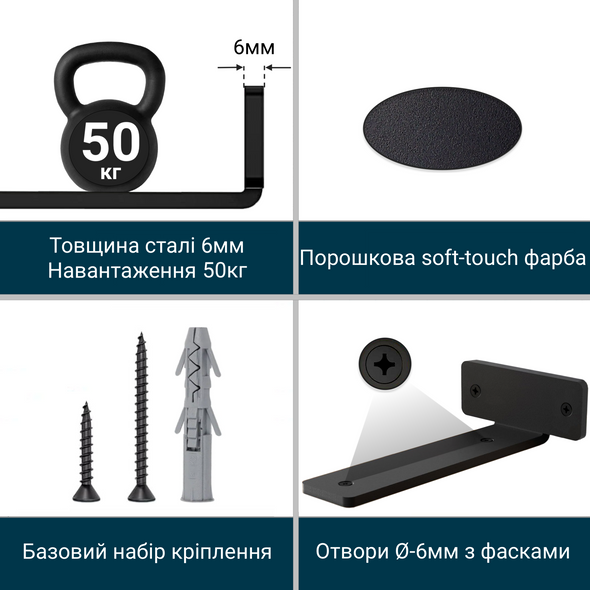 Тримач для полиць DVK STRONG-235 Сталь-6мм. Чорний 1шт., Чорний